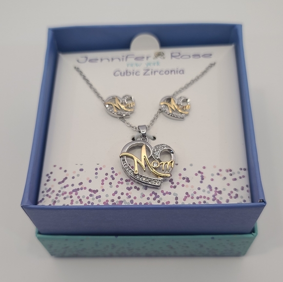 CZ Silver/Gold Plated Mom Heart Pendant Necklace With Matching Earrings Gift Set - Picture 3 of 7